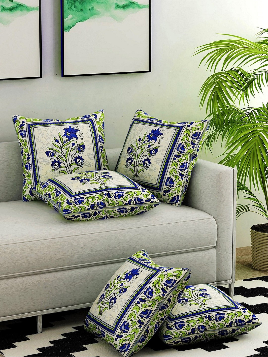 

Salona Bichona Blue & Green Set of 5 Floral Square Cushion Covers
