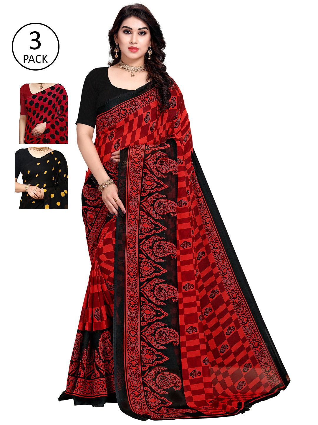 

KALINI Women Pack of 3 Printed Poly Georgette Sarees, Yellow