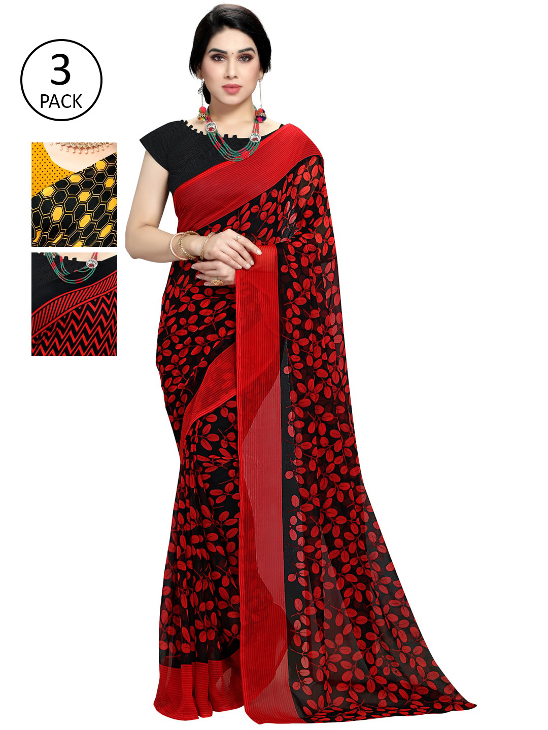 

KALINI Pack of 3 Poly Georgette Sarees, Red