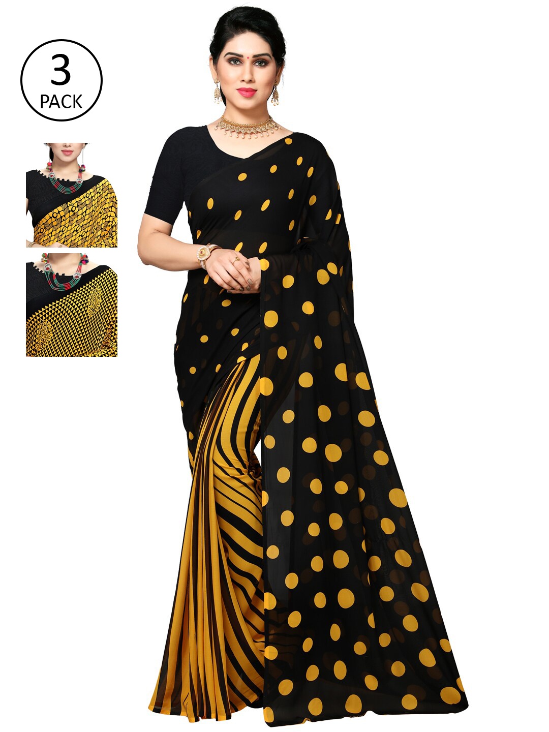 

KALINI Women Pack of 3 Printed Poly Georgette Sarees, Yellow