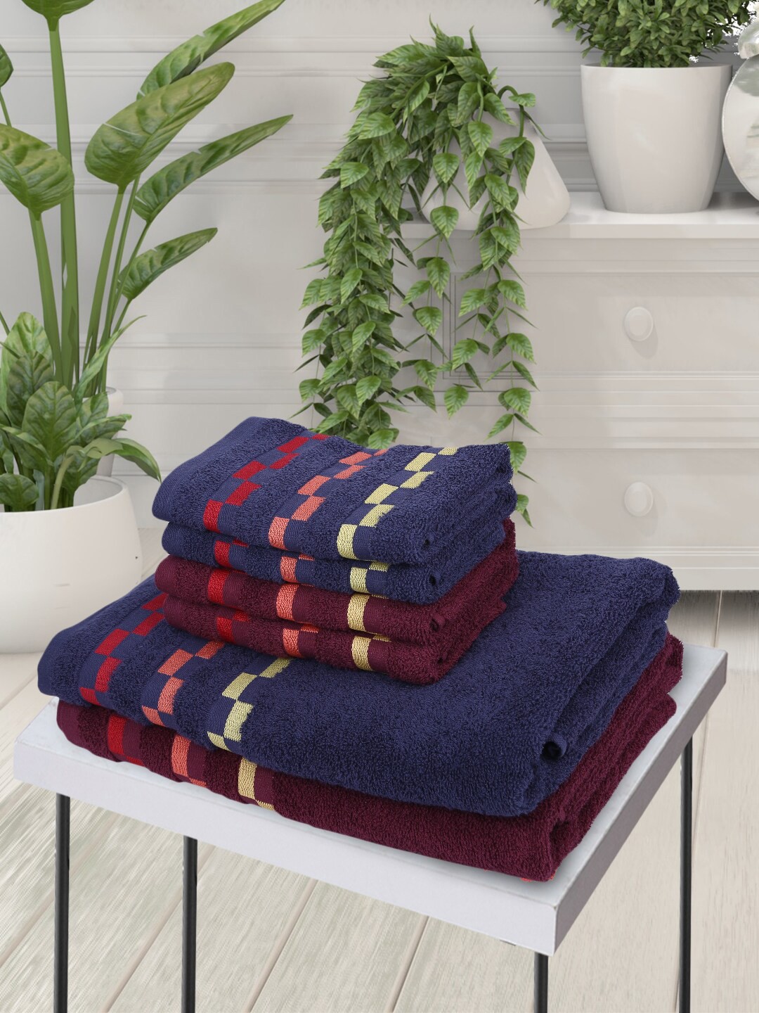 

BIANCA Set Of 6 Solid 450 GSM Pure Mercerized Combed Cotton Towels, Navy blue