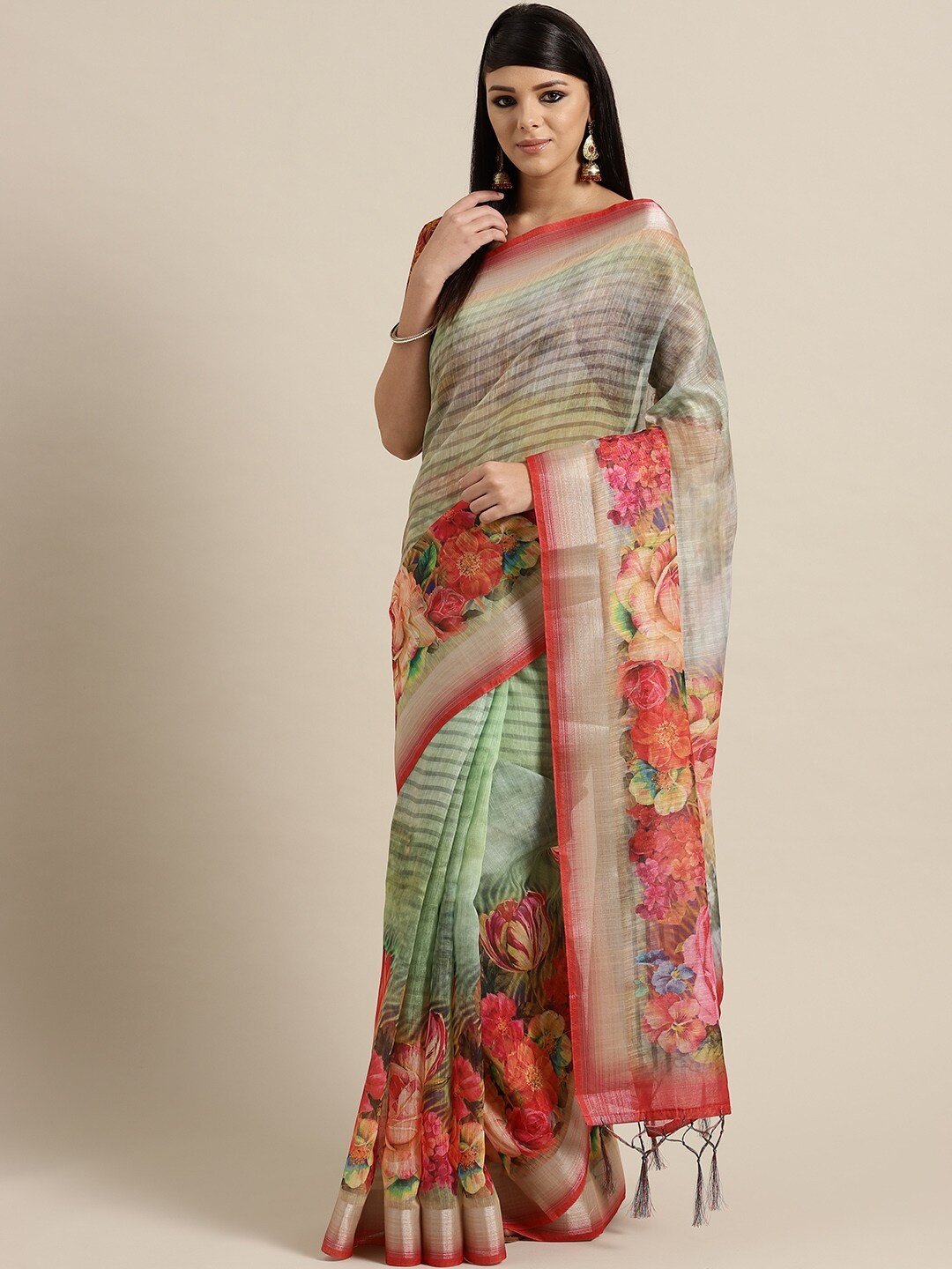 Saree mall Green & Red Floral Linen Blend Sarees