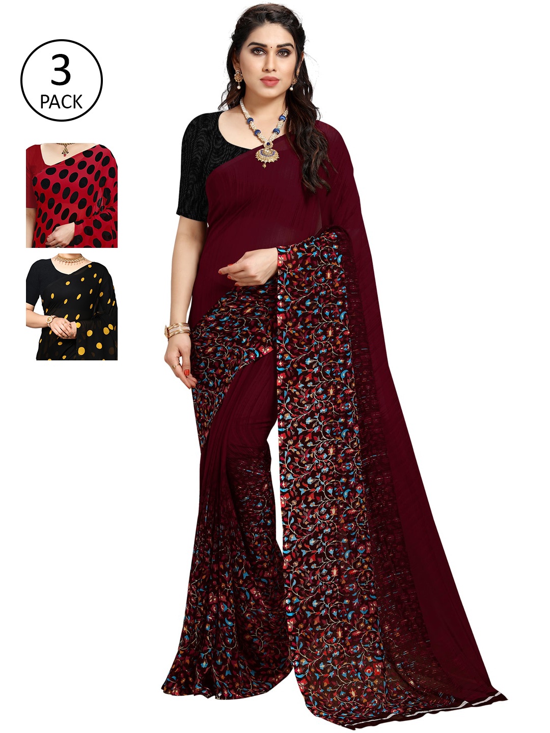 

ANAND SAREES Multicoloured Set of 3 Poly Georgette Saree, Multi