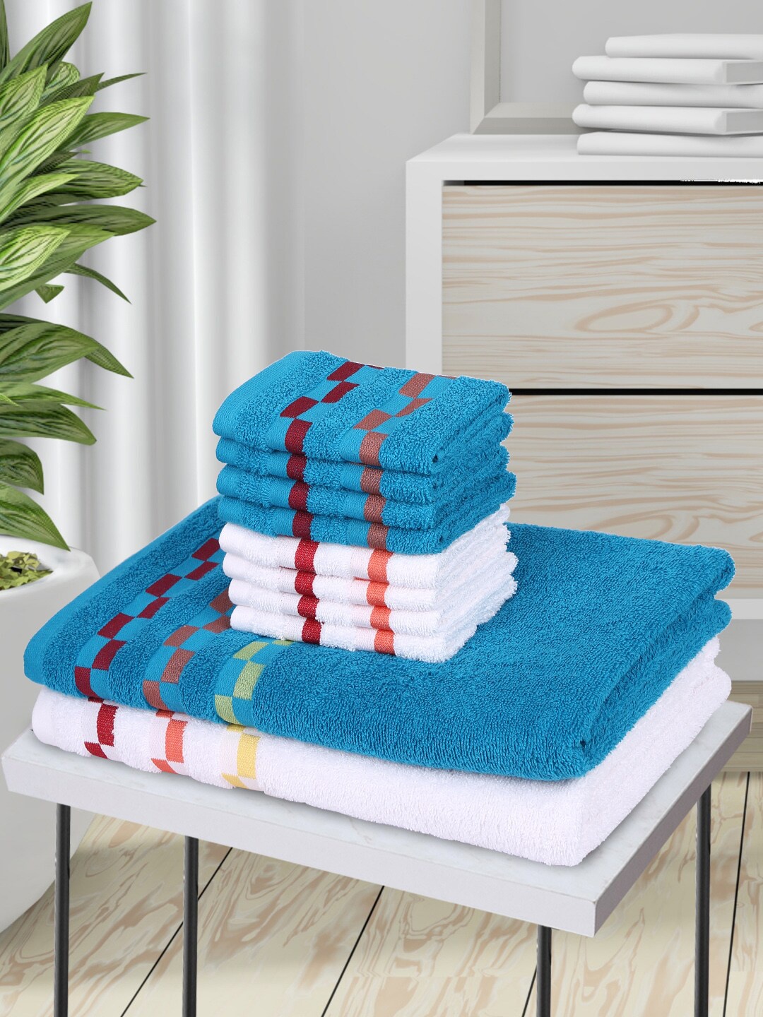 

BIANCA Set Of 10 Striped Pure Cotton 450 GSM Towel Set, Teal