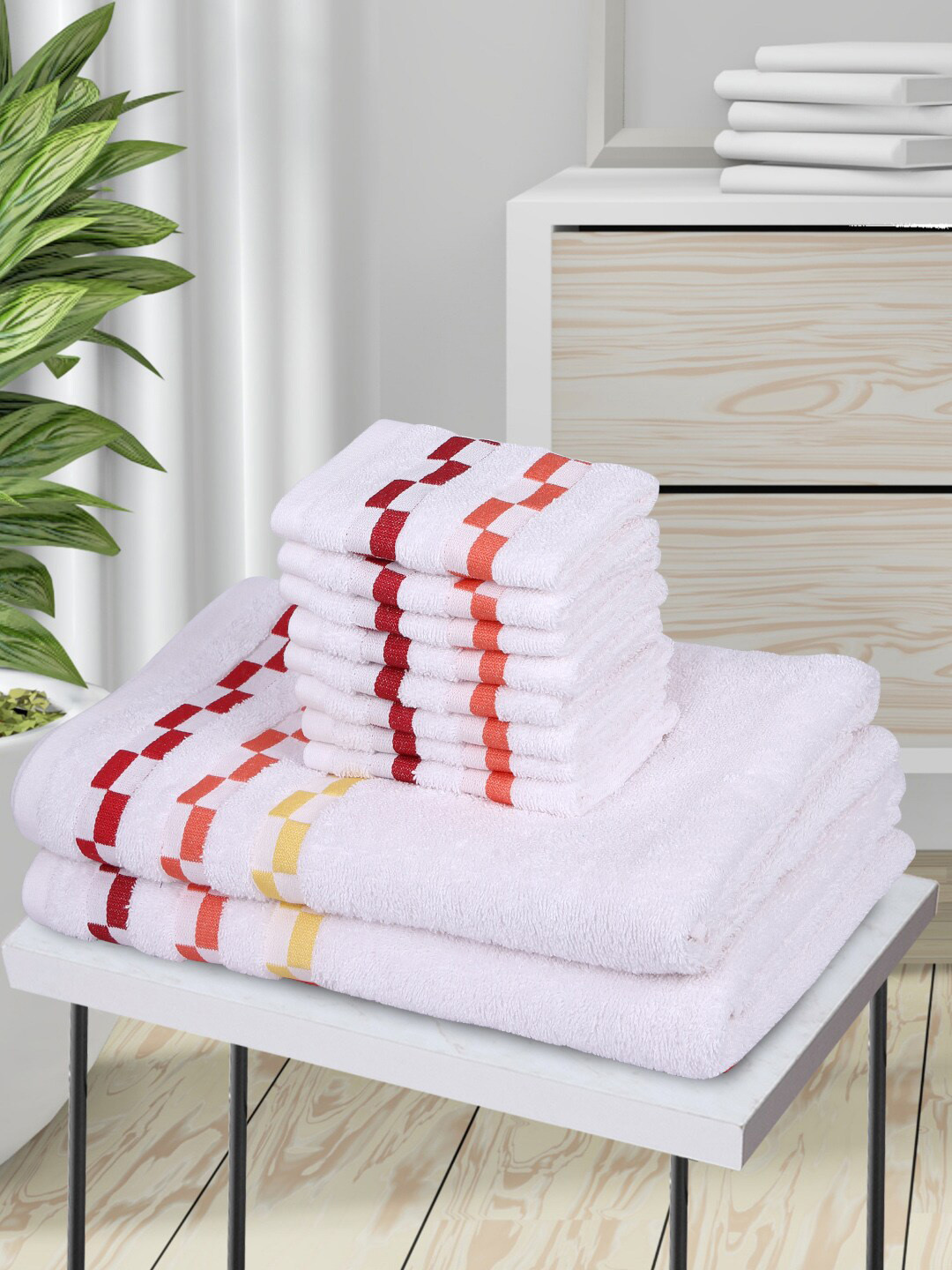 

BIANCA Set Of 10 White Solid 450 GSM Pure Mercerized Combed Cotton Towels