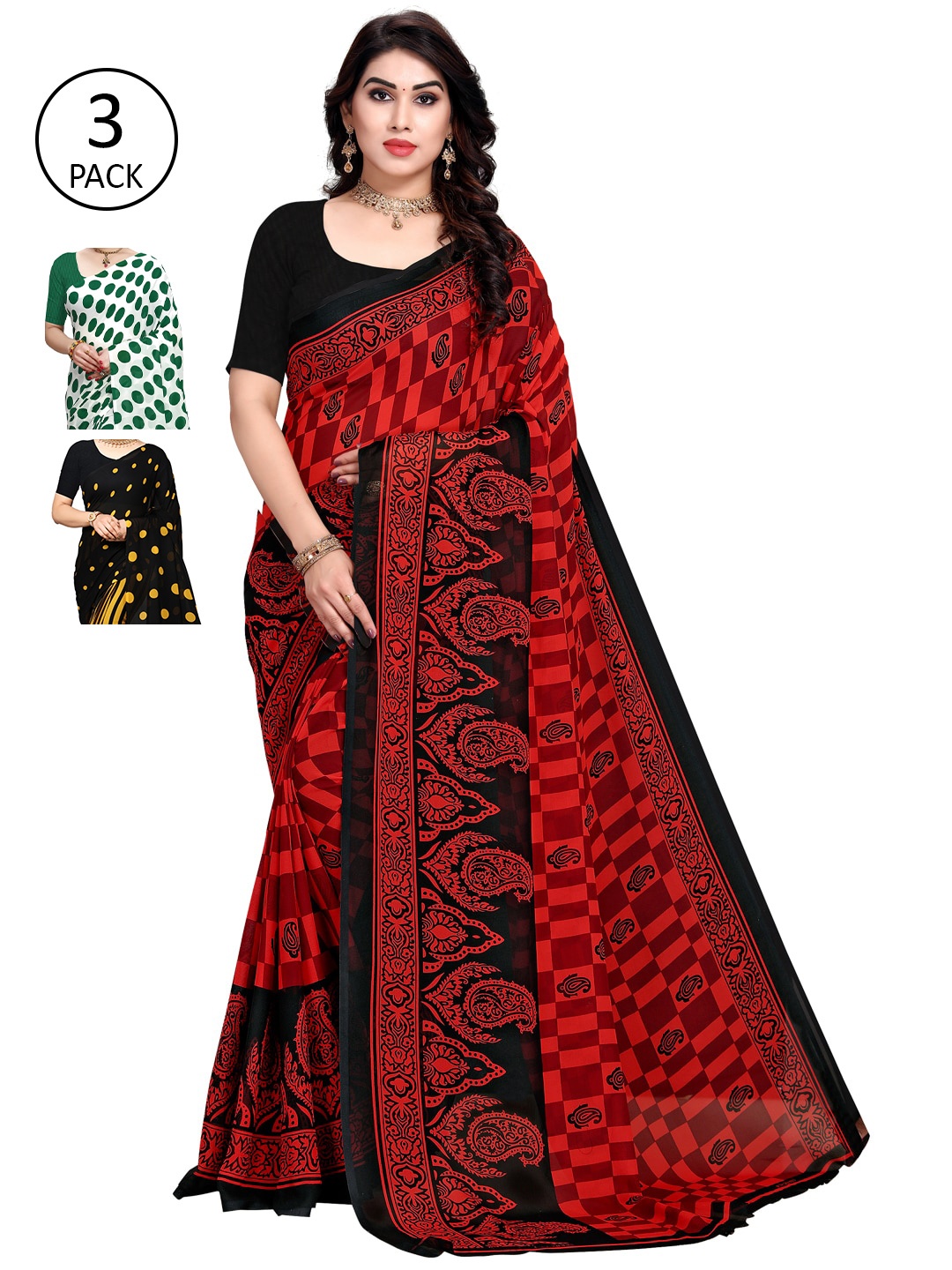 

KALINI Pack of 3 Poly Georgette Sarees, White