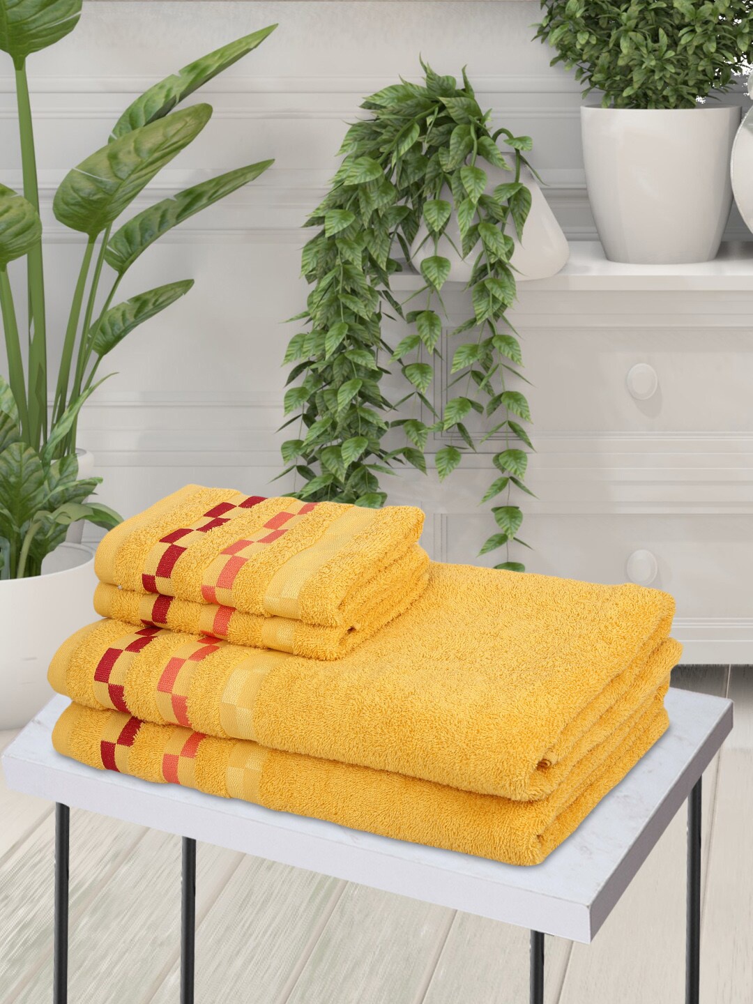 

BIANCA Set Of 4 Yellow Solid Pure Mercerized Cotton 450 GSM Bumpy-Stripes Towels