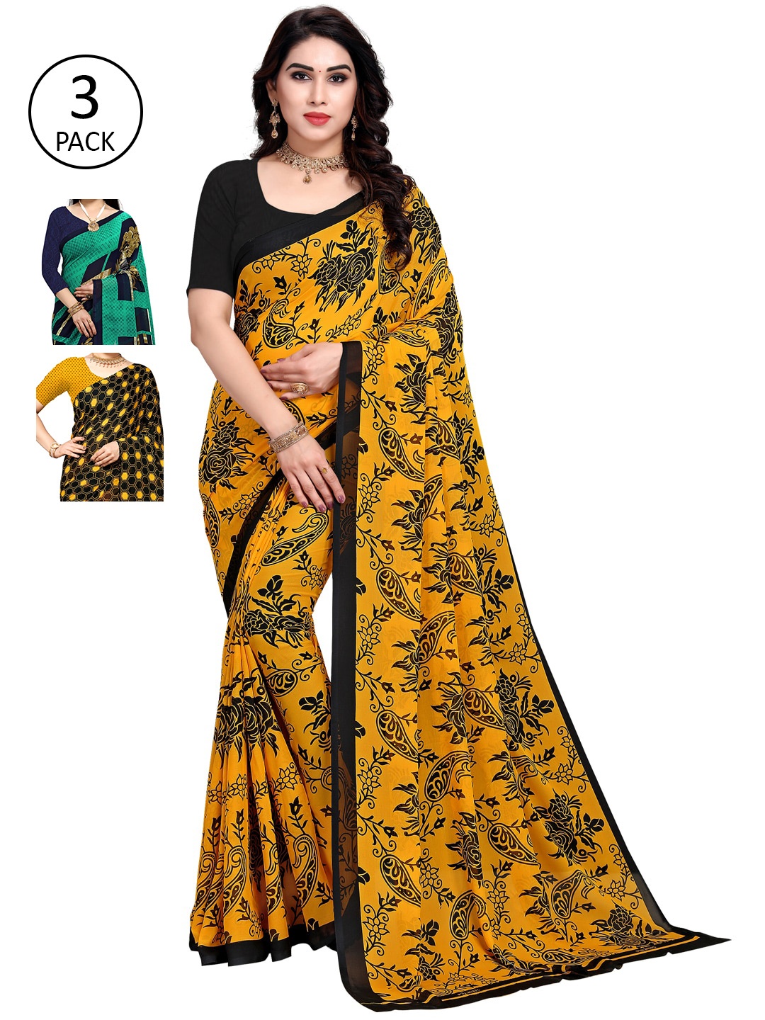 

KALINI Pack Of 3 Multicoloured Poly Georgette Sarees, Multi