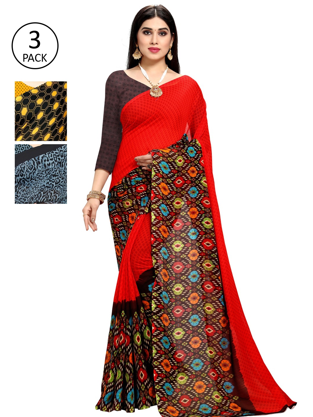 

KALINI Pack of 3 Printed Poly Georgette Saree, Multi