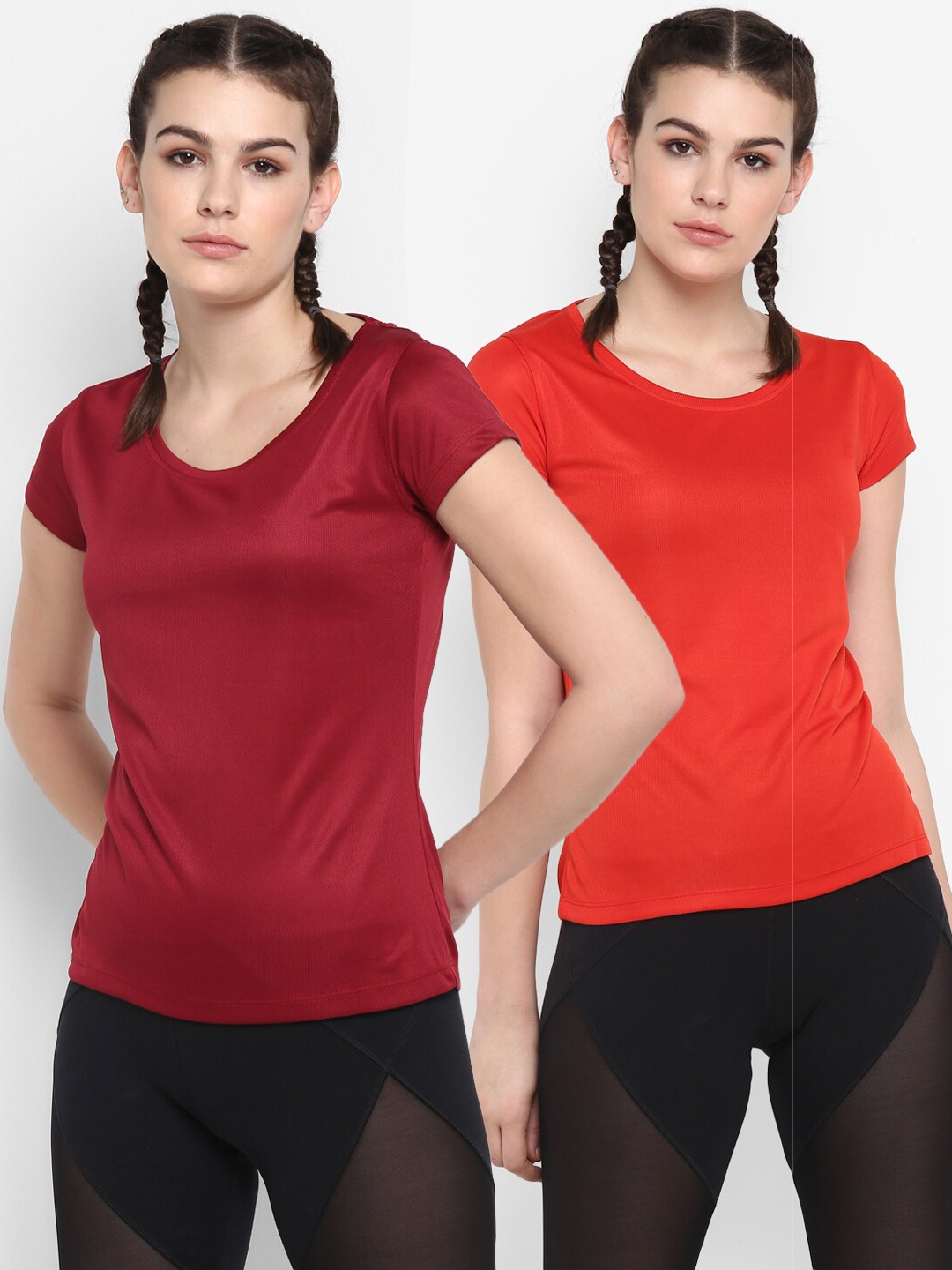 

ScoldMe Women Pack Of 2 Red & Maroon Solid Slim Fit Sports T-shirt