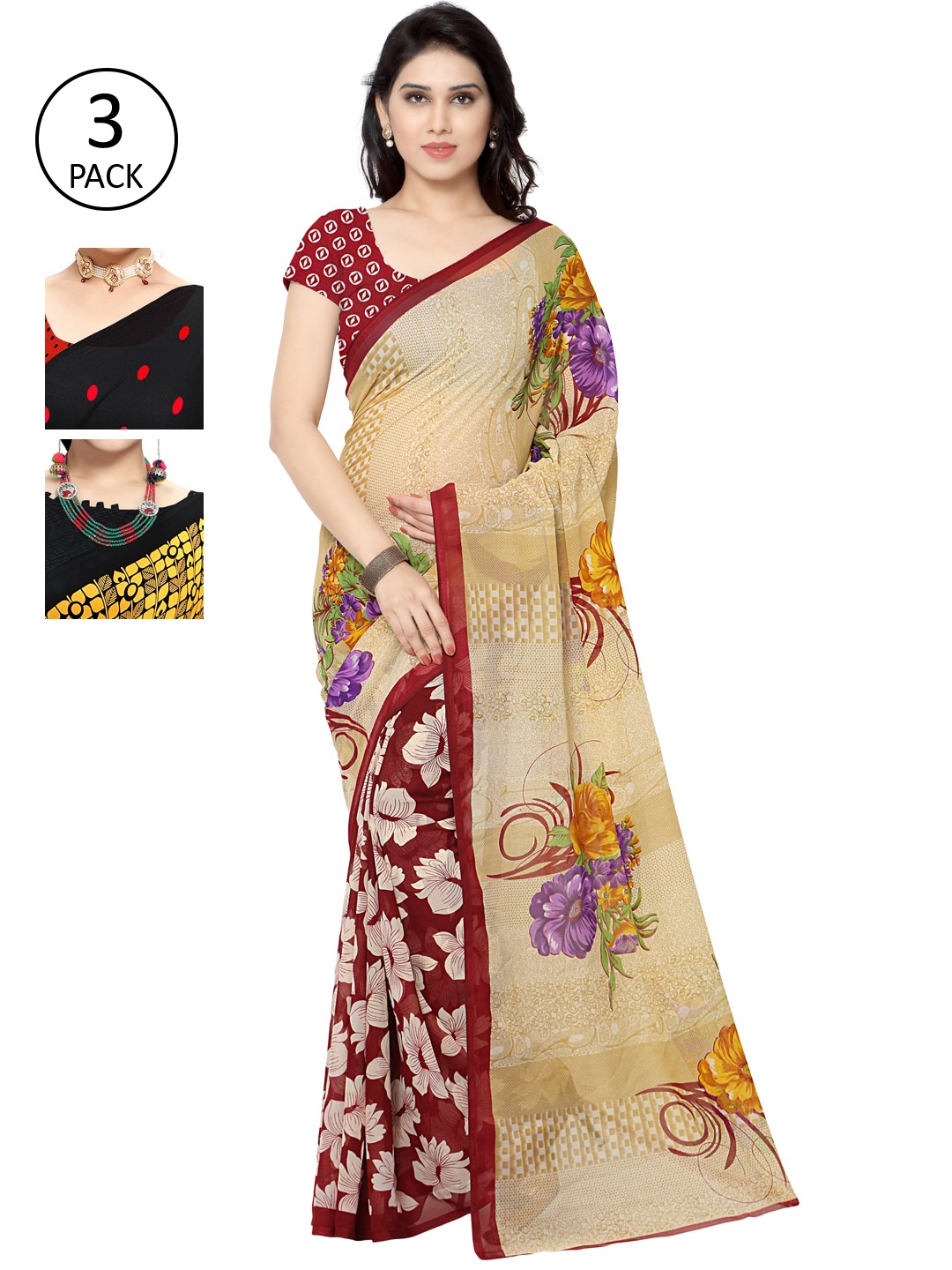 

KALINI Women Pack of 3 Printed Poly Georgette Sarees, Red