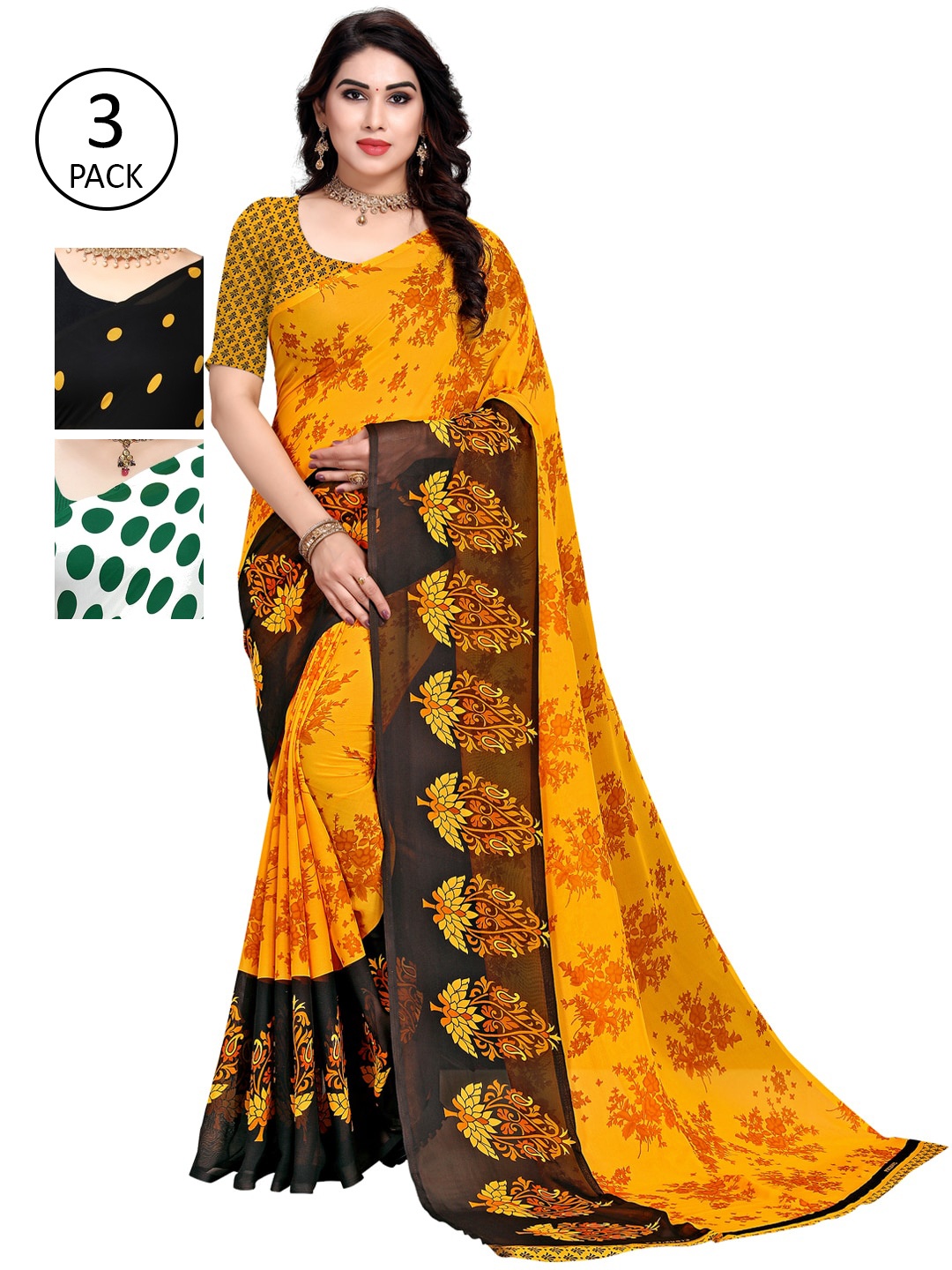 

KALINI Multicoloured Set of 3 Poly Georgette Saree, Multi