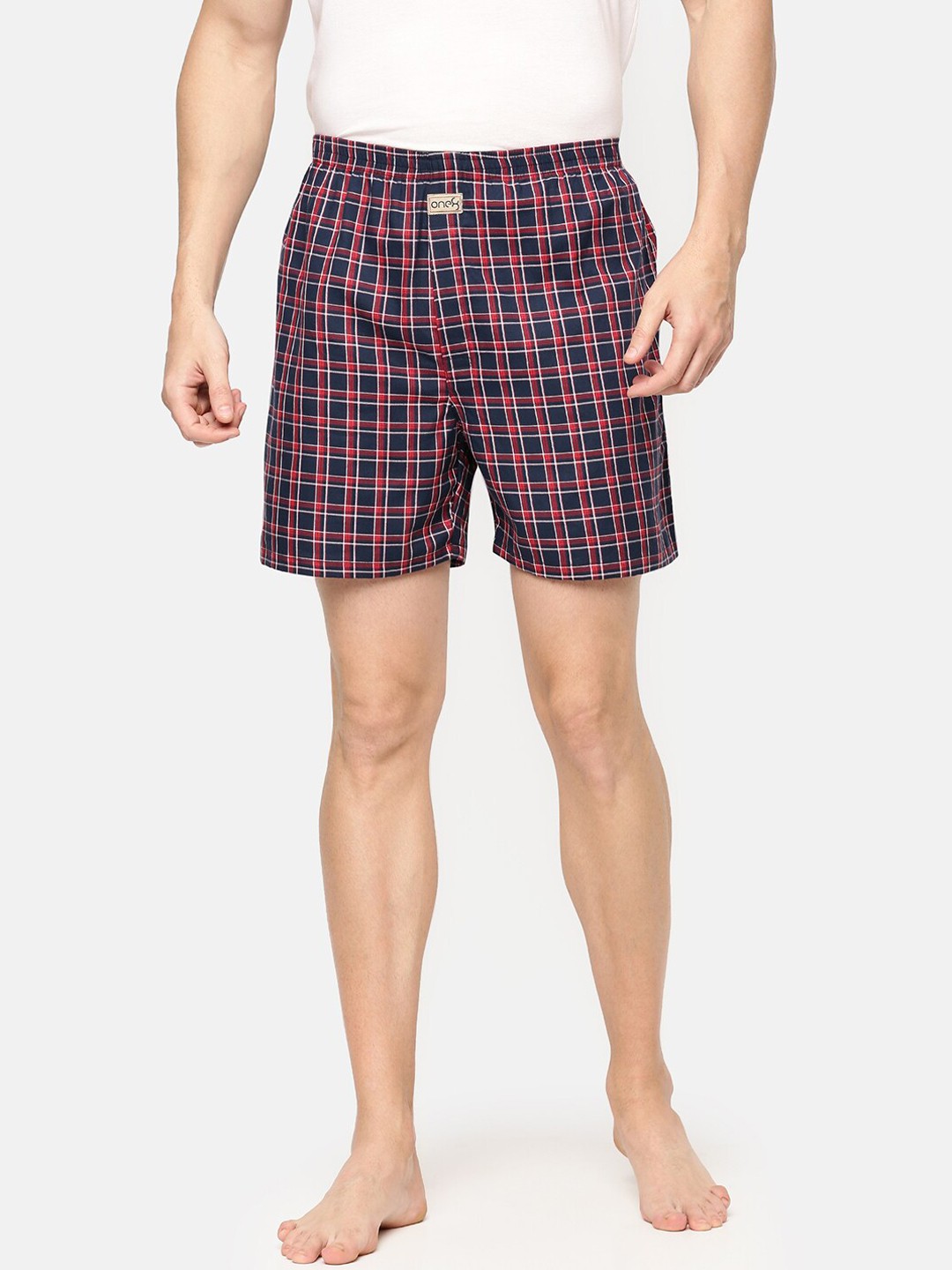 

one8 by Virat Kohli Men Navy Blue & Pink Checked Cotton Boxer Shorts