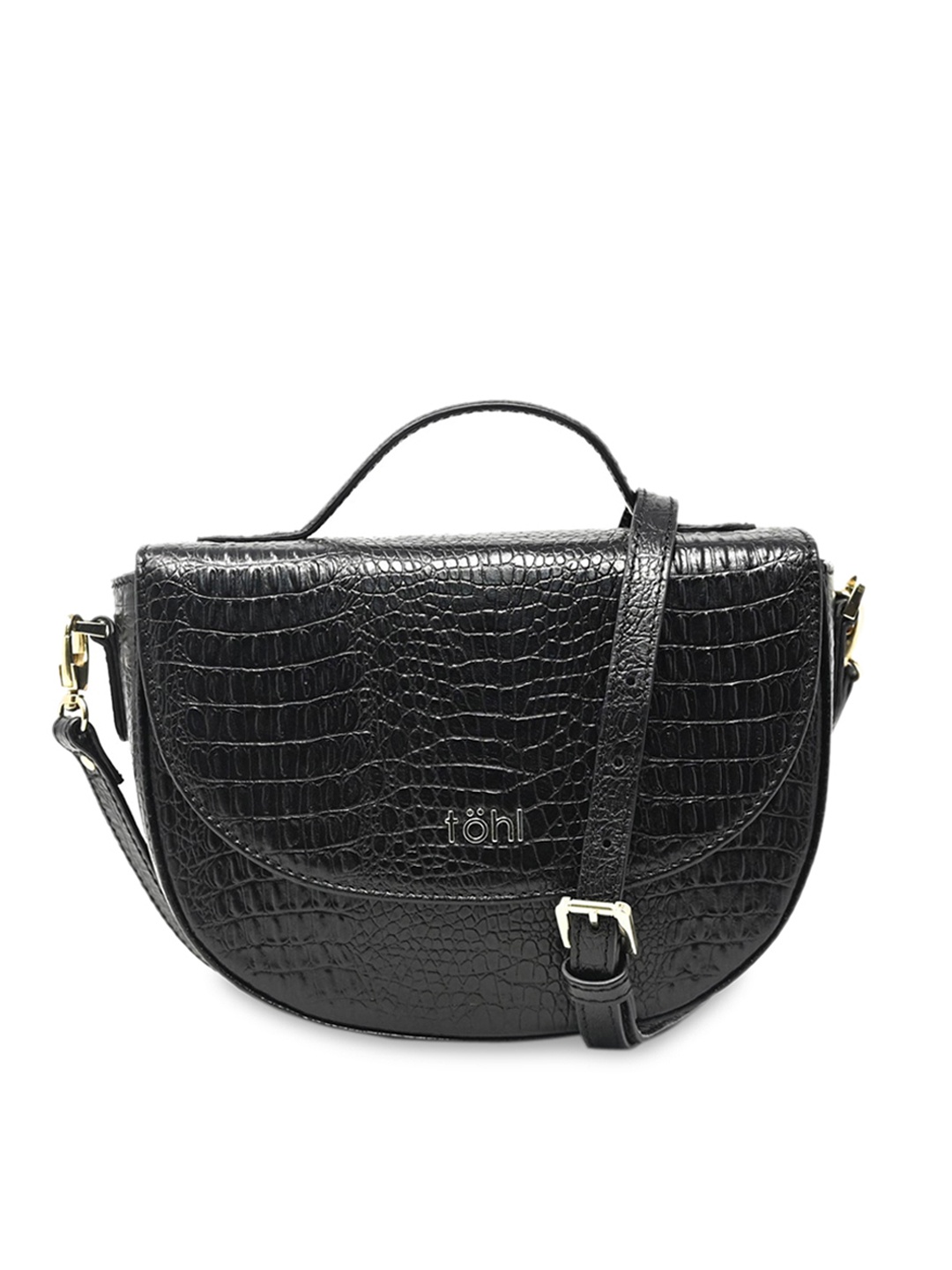 

tohl Black Animal Textured Leather Half Moon Satchel