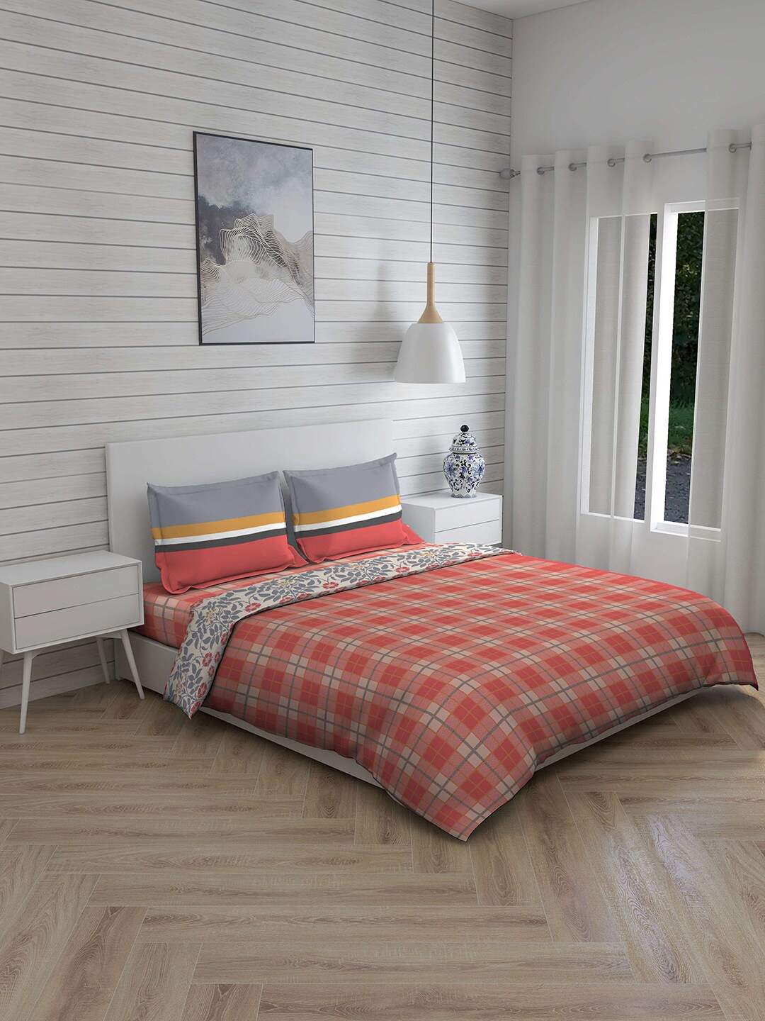 Layers Red & Yellow Checked Double Bedding Set With Pillow Covers & Comforter