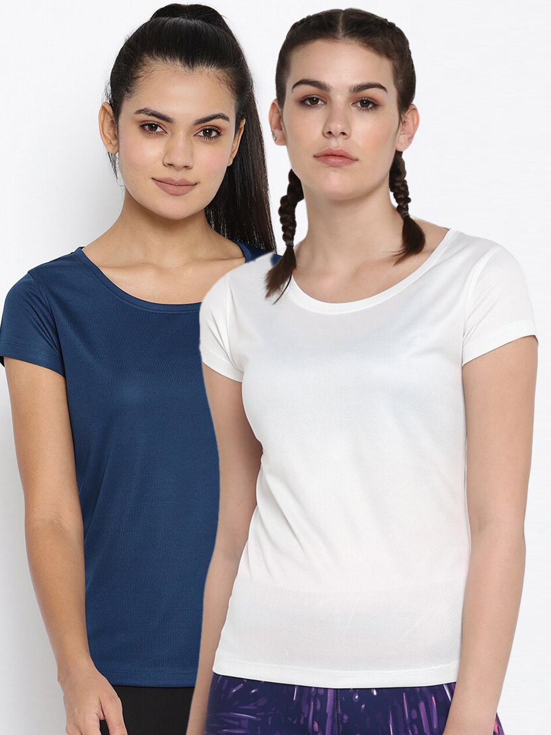 

ScoldMe Women Pack Of 2 White & Blue Slim Fit Sports T-shirt
