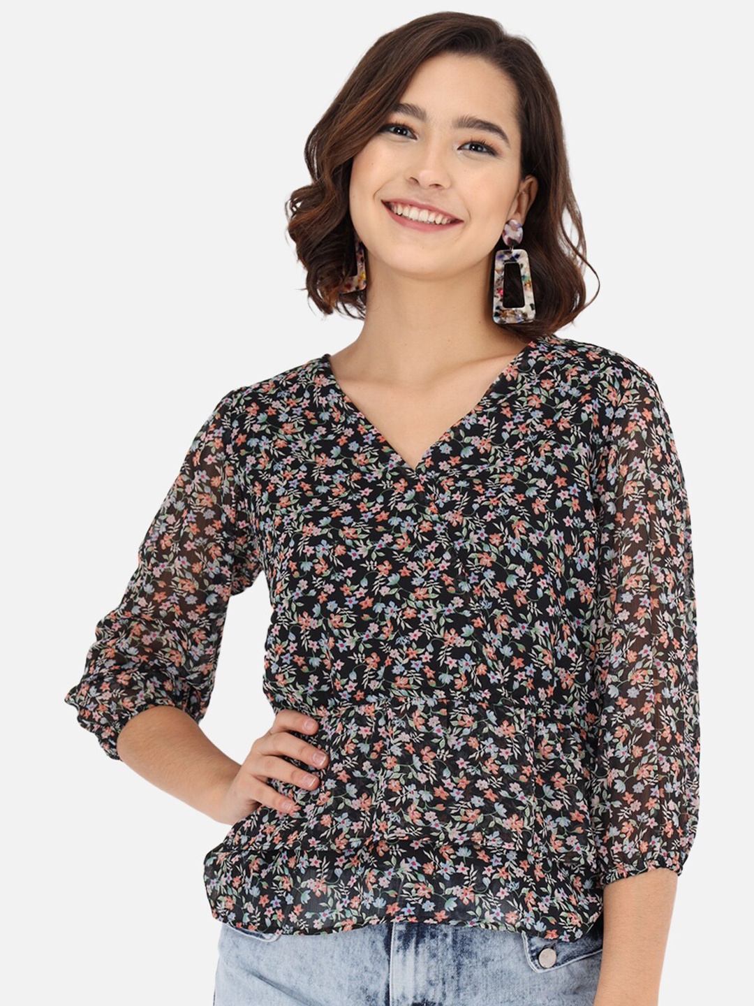 

Trend Arrest Black Floral Georgette Cinched Waist Top