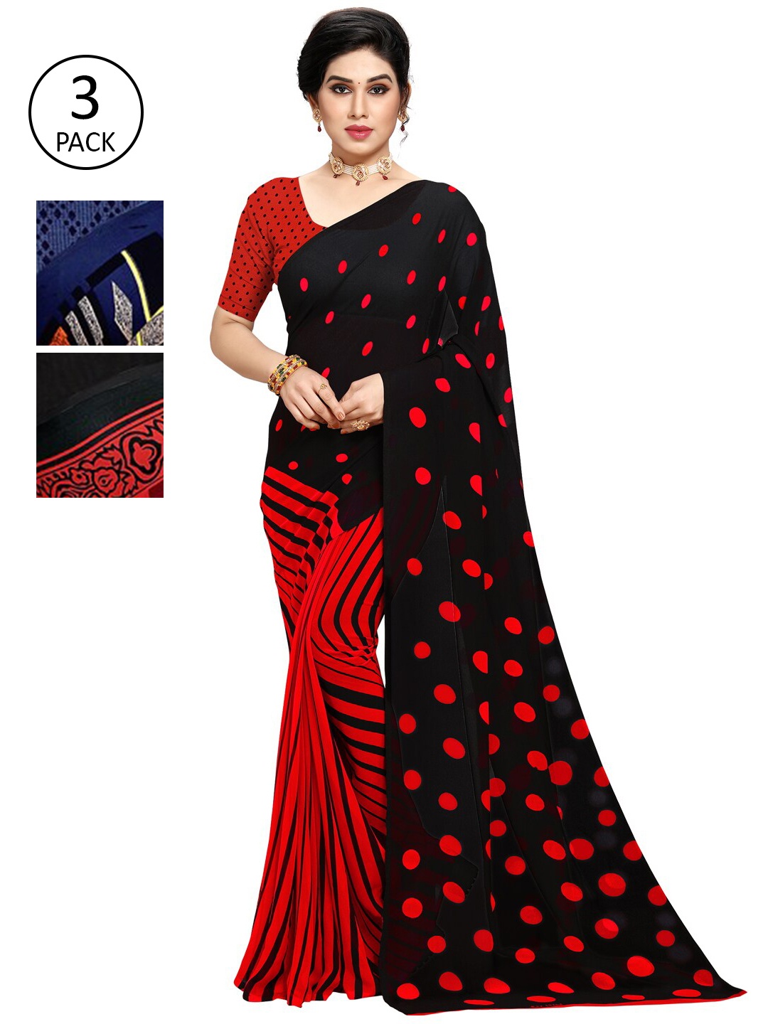 

KALINI Pack of 3 Poly Georgette Printed Sarees, Navy blue