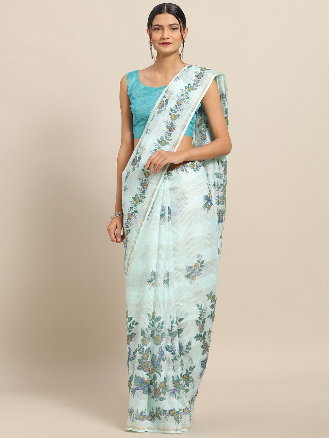 

Saree mall Turquoise Blue & Yellow Floral Linen Blend Sarees