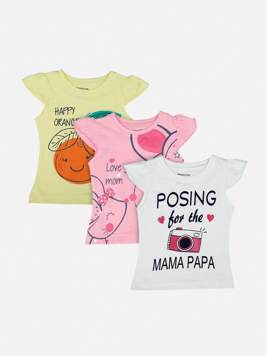 

Bodycare Kids Pack Of 3 Girls Pink & Yellow & White Typography Printed T-shirt