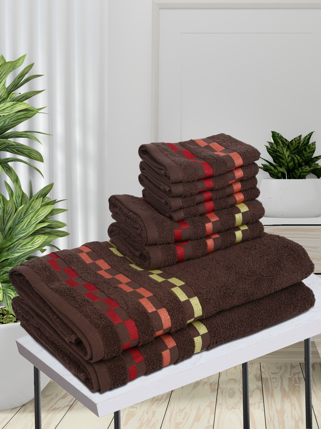 

BIANCA Set Of 8 Brown Solid Pure Mercerized Cotton 450 GSM Bumpy-Stripes Towel Set