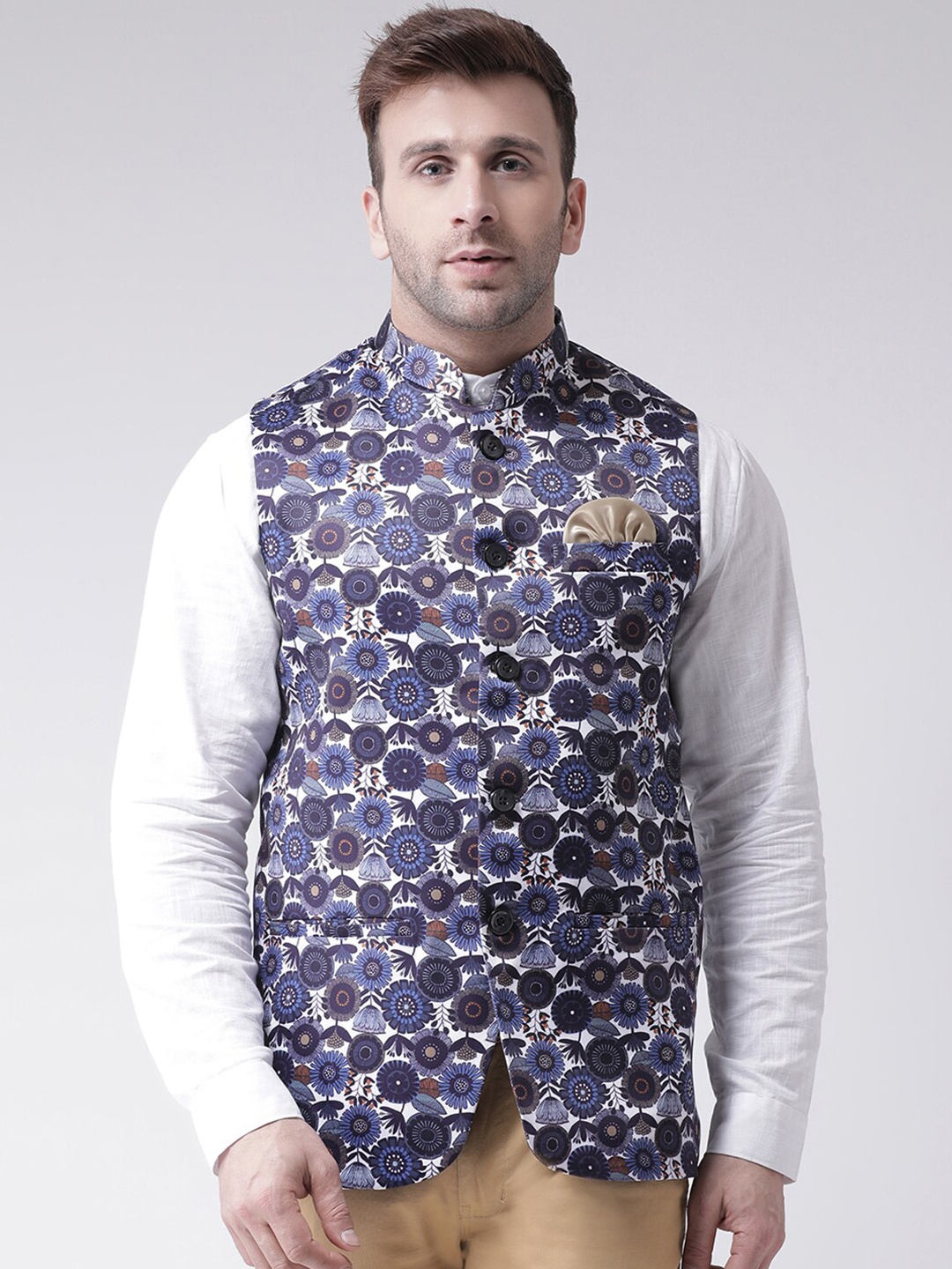 

Hangup Men White & Blue Printed Woven Nehru Jacket