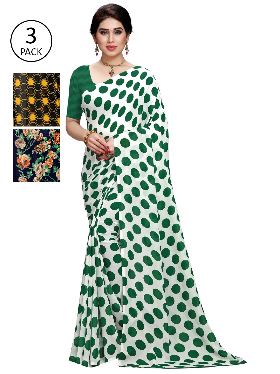 

KALINI Women Pack of 3 Printed Poly Georgette Sarees, White