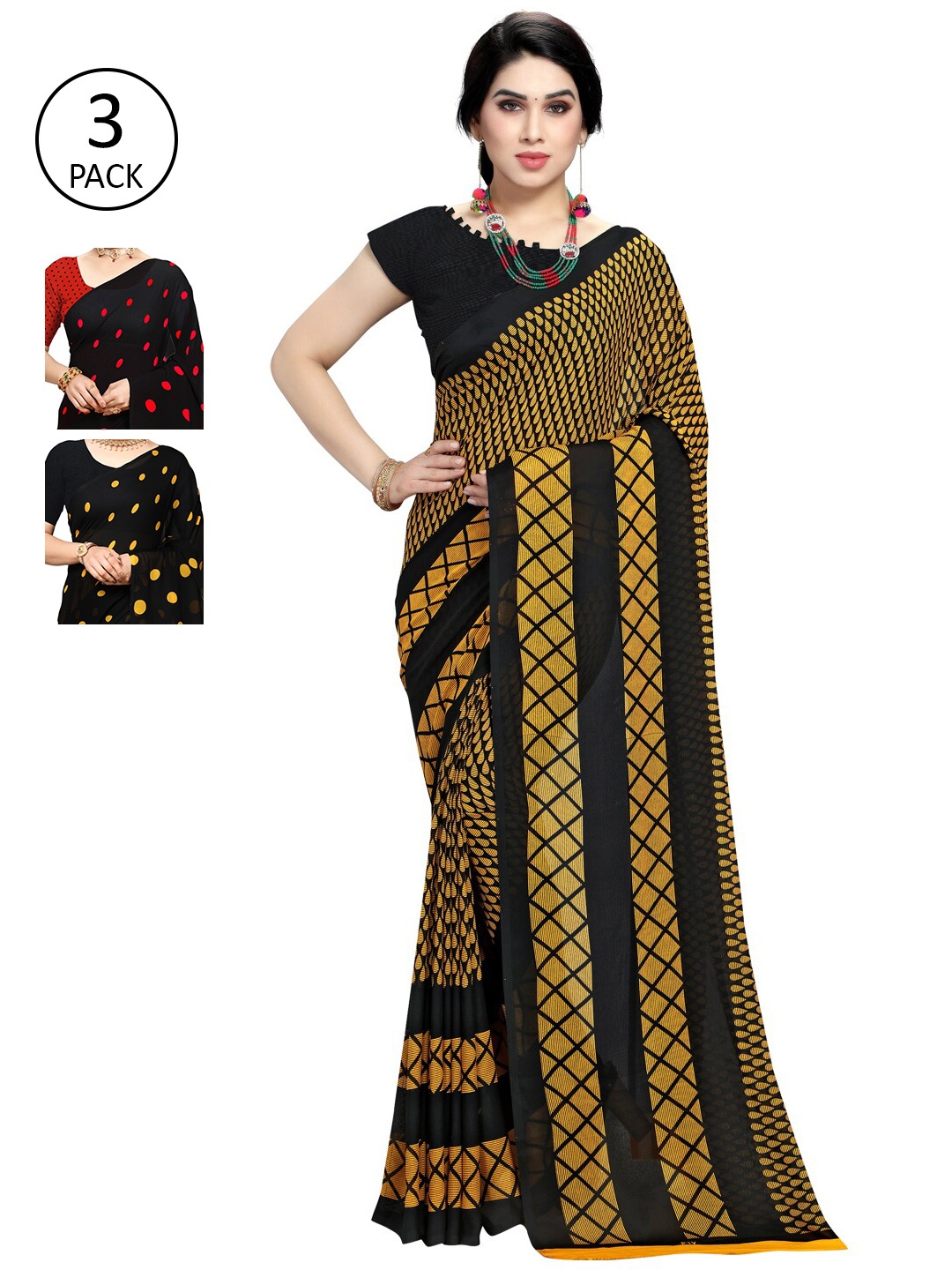 

KALINI Pack Of 3 Multicoloured Poly Georgette Sarees, Multi