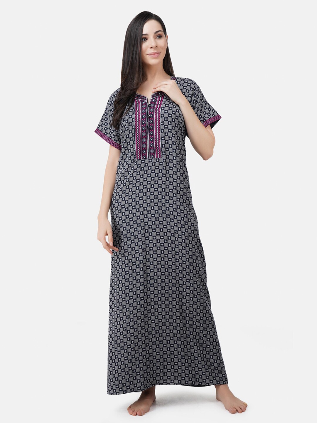 

KOI SLEEPWEAR Woman Grey Embroidered Maxi Nightdress Embroidery with Pockets