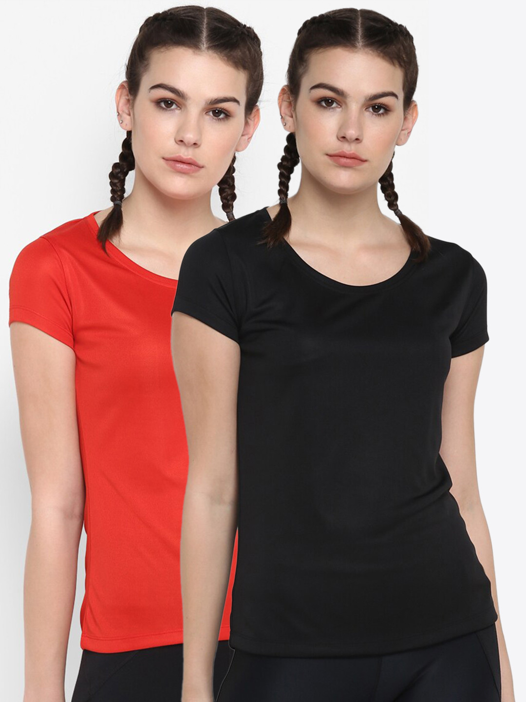 

ScoldMe Women Pack Of 2 Red & Black Slim Fit Sports T-shirt