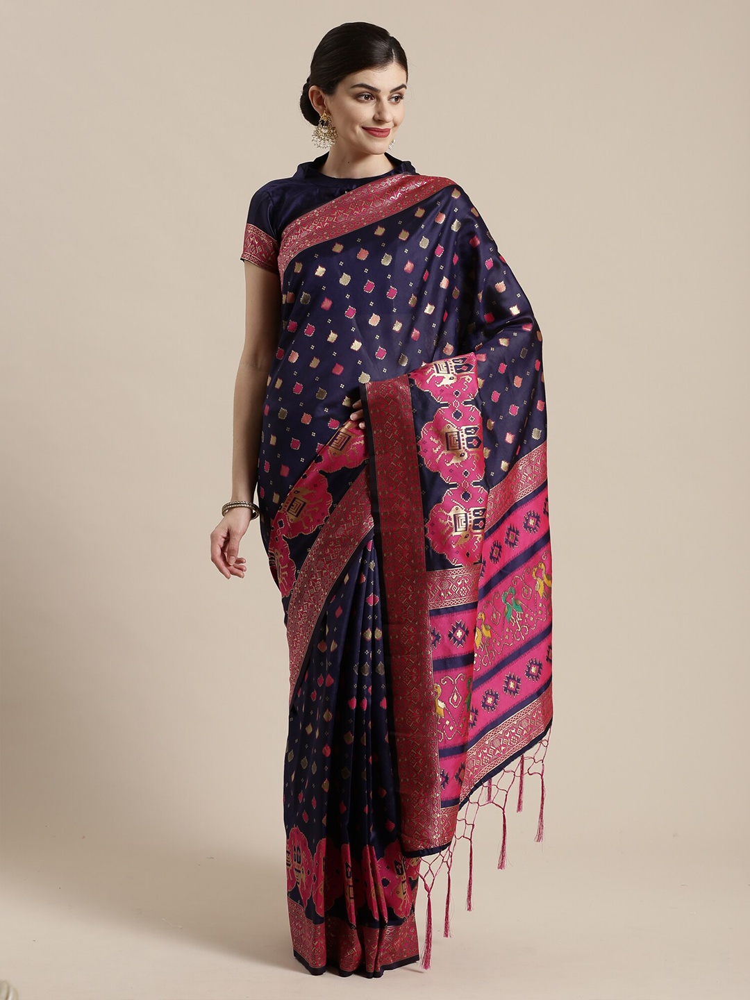 

Saree mall Navy Blue & Pink Ethnic Motifs Zari Silk Blend Sarees