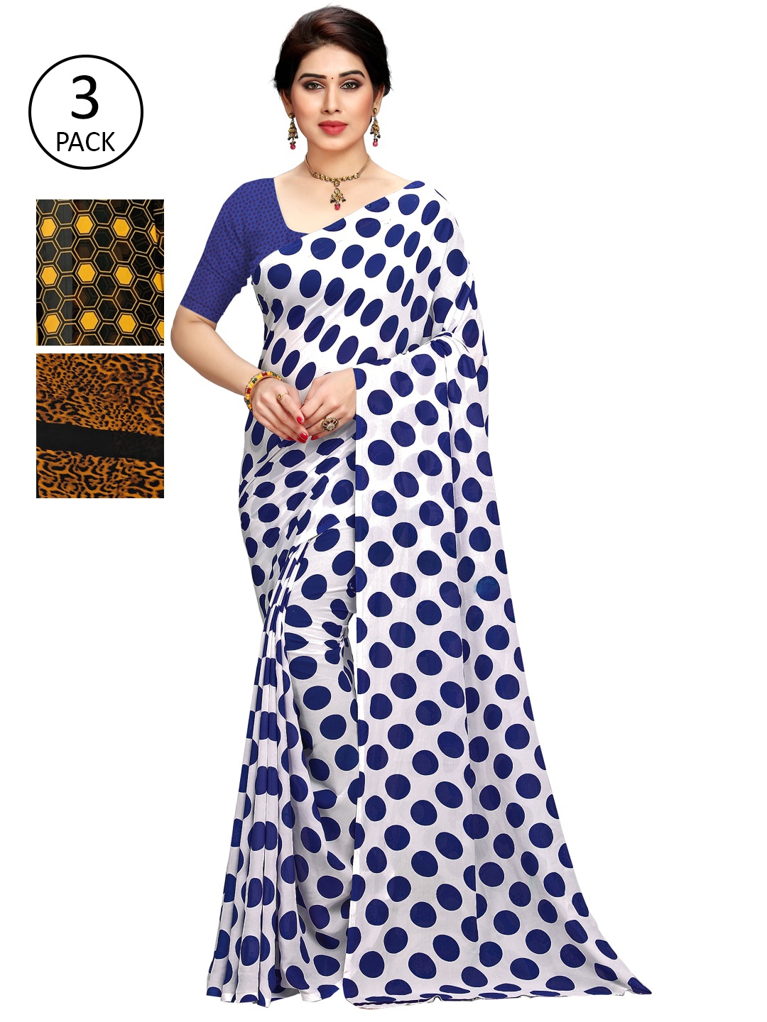 

KALINI White & Blue Pack of 3 Printed Saree