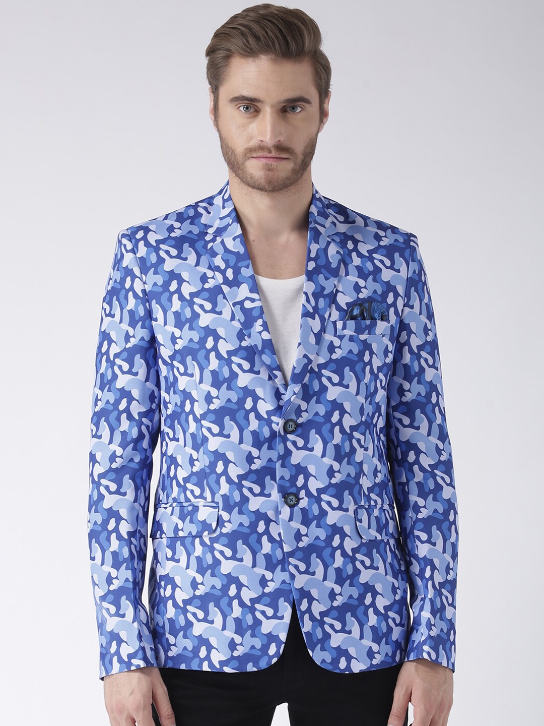 

Hangup Men Blue & White Camouflage Printed Single-Breasted Blazer