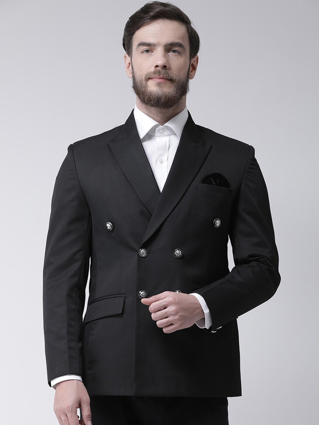 

Hangup Men Black Solid Double-Breasted Blazer