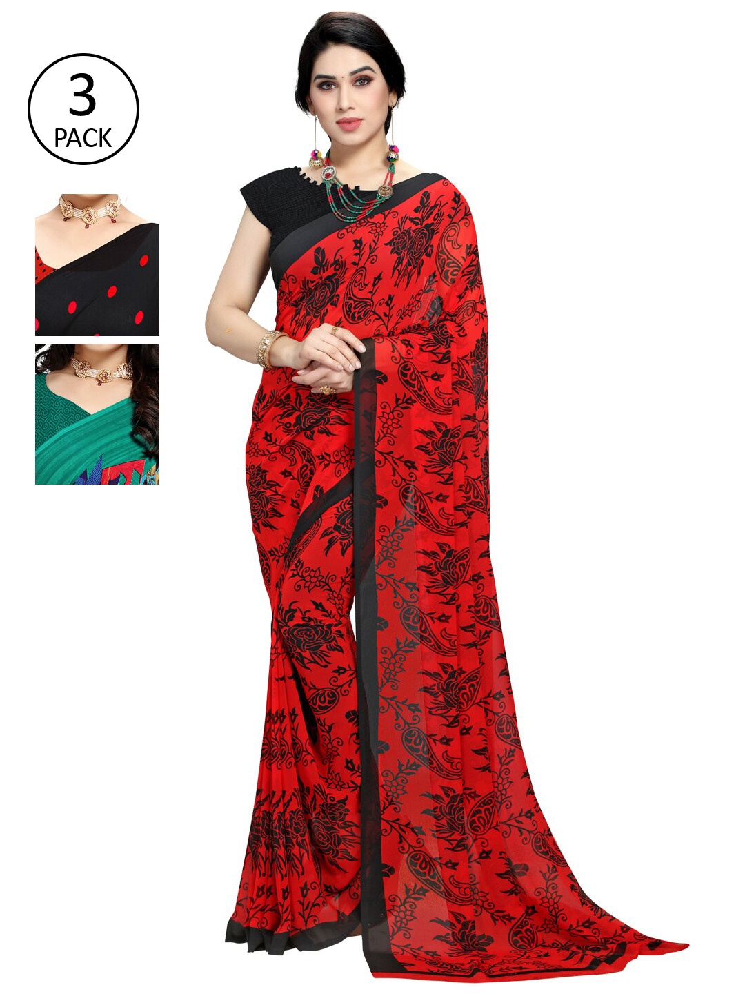 

KALINI Red & Green Floral Pack of 3 Saree