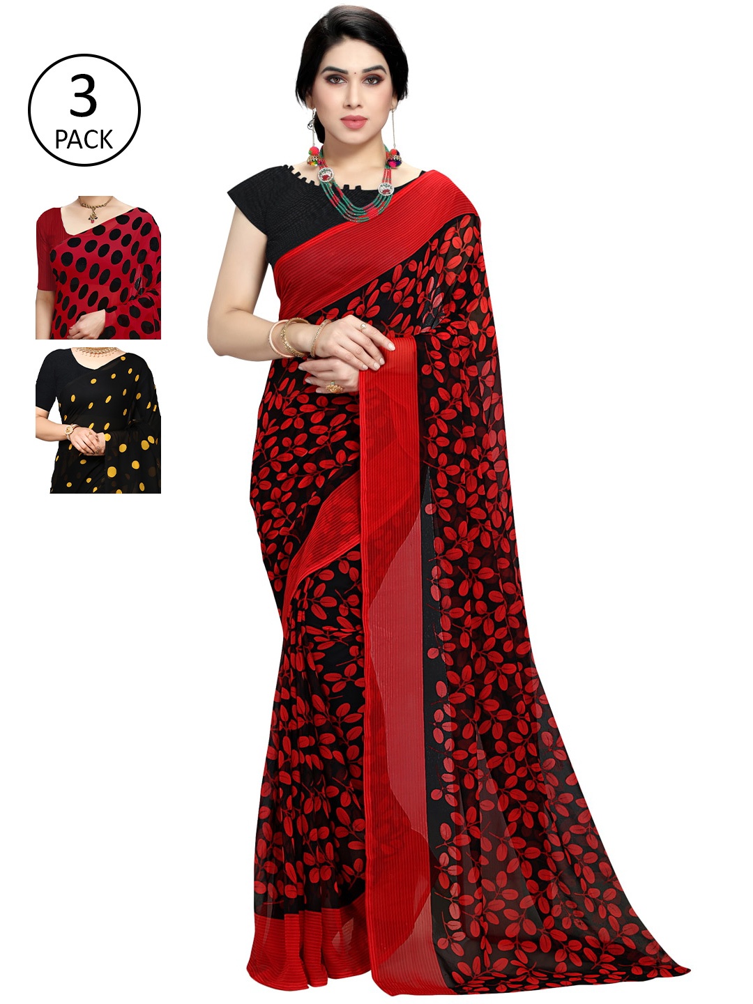 

KALINI Pack Of 3 Poly Georgette Sarees, Red