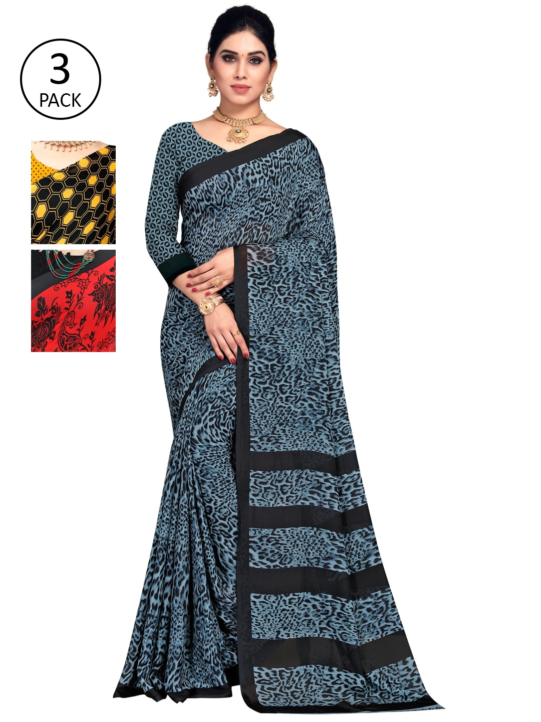 

KALINI Red & Black Floral Pack of 3 Saree
