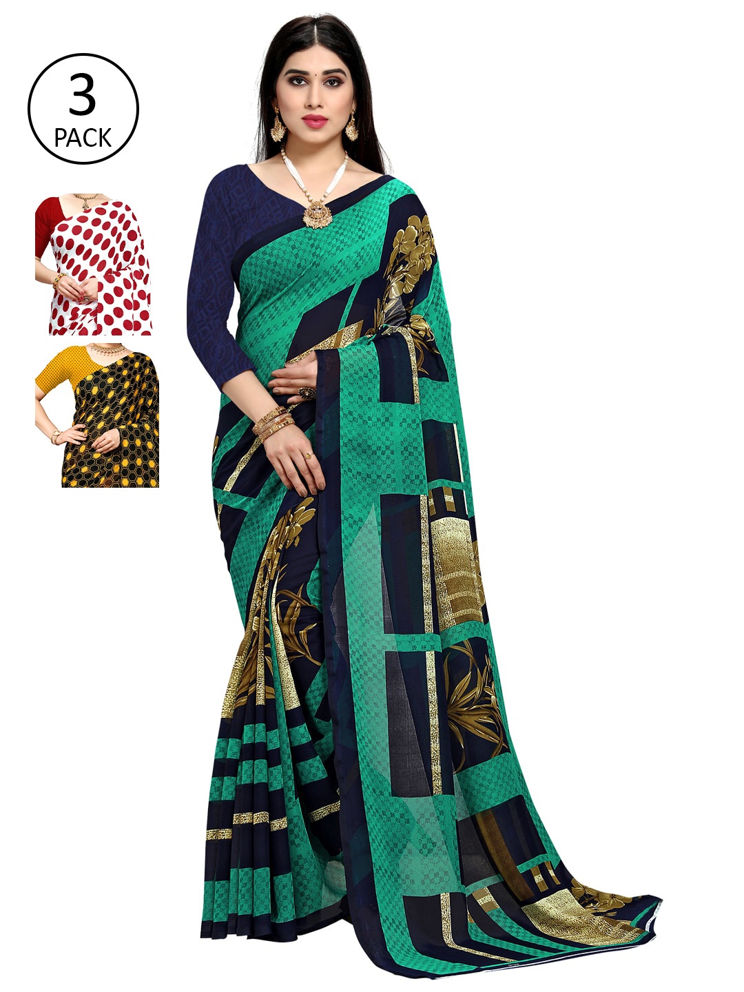 

KALINI Pack of 3 Poly Georgette Sarees, White