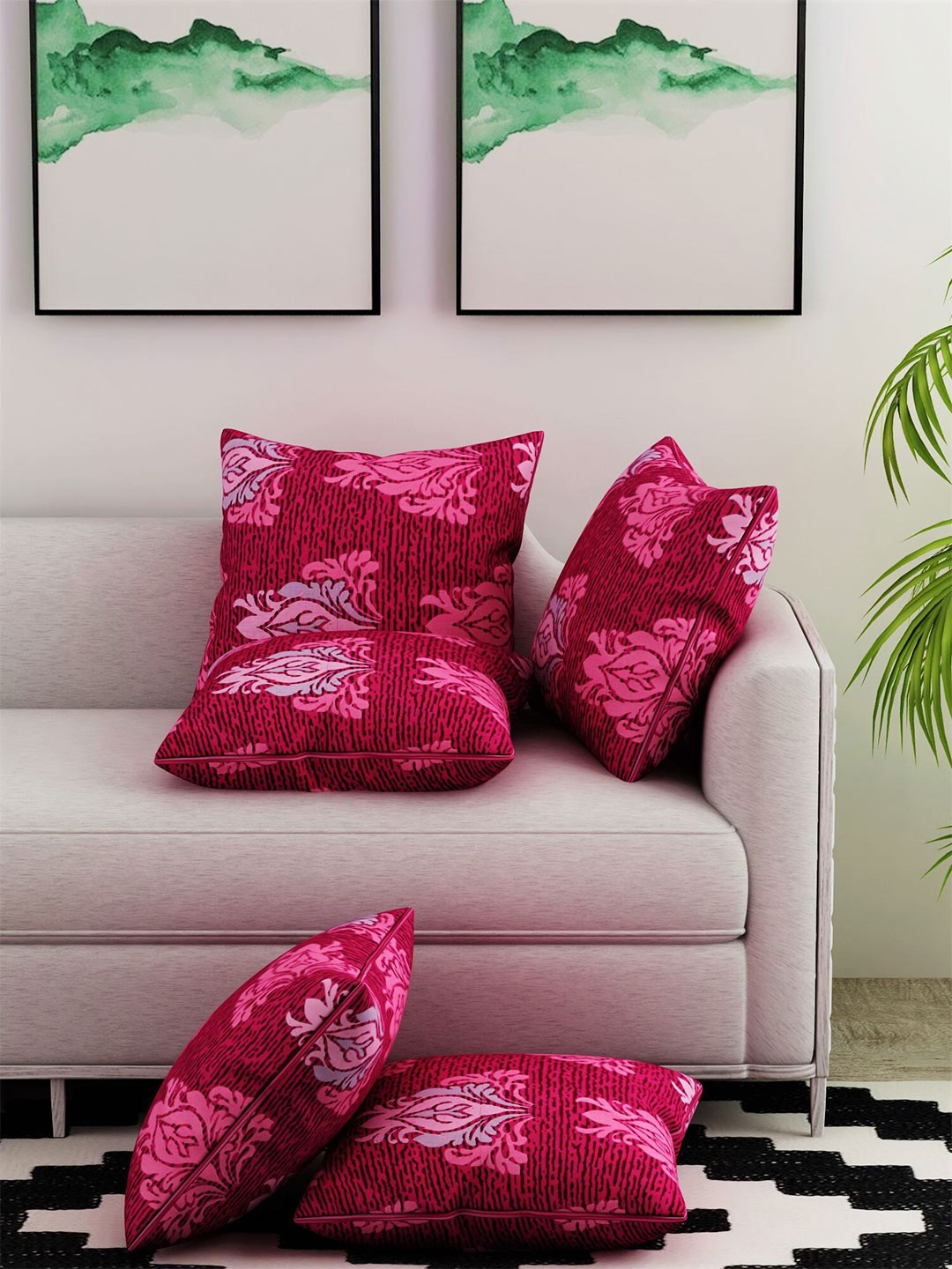 

Salona Bichona Magenta & Blue Set of 5 Ethnic Motifs Square Cushion Covers
