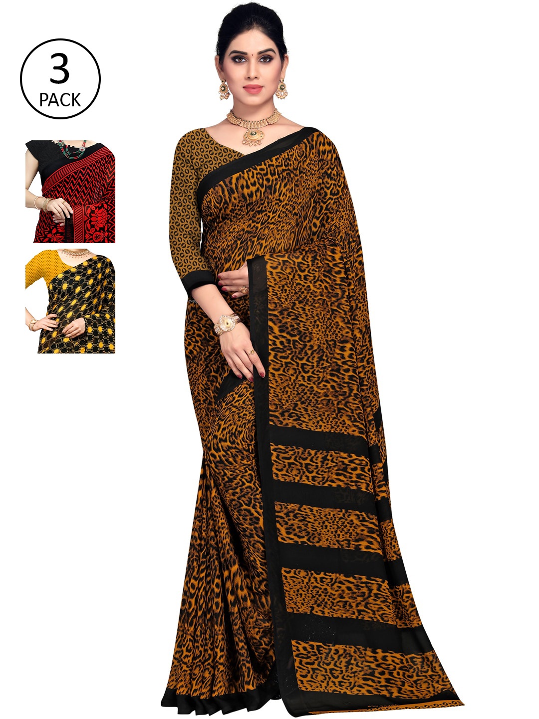 

KALINI Red & Black Pack of 3 Printed Saree