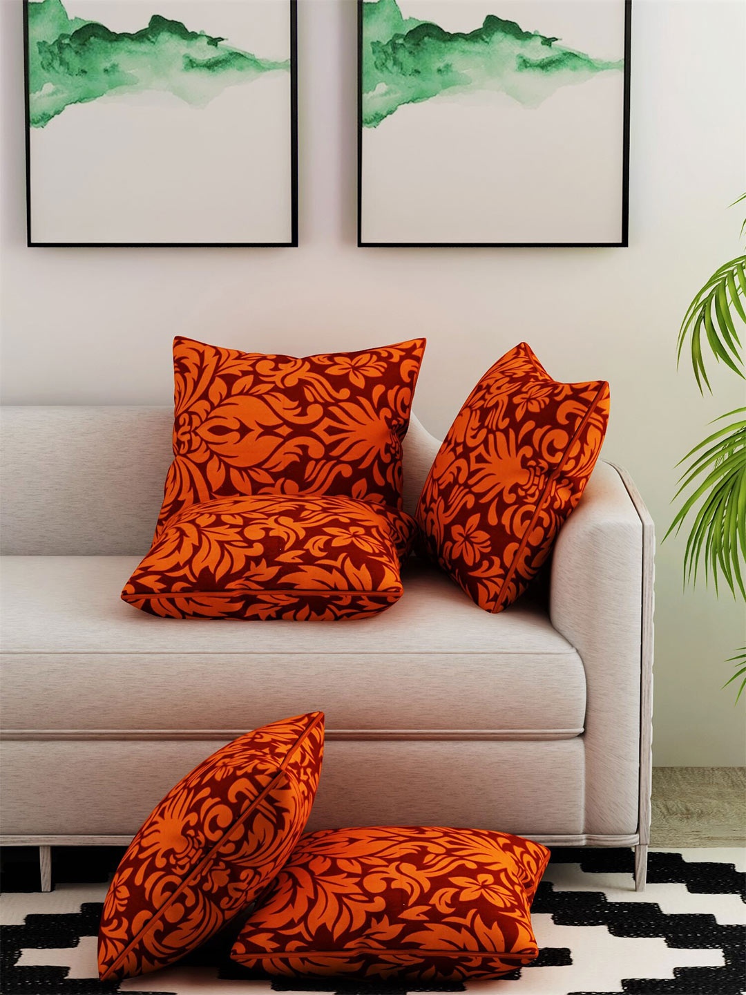 

Salona Bichona Orange & Maroon Set of 5 Printed Square Cushion Covers