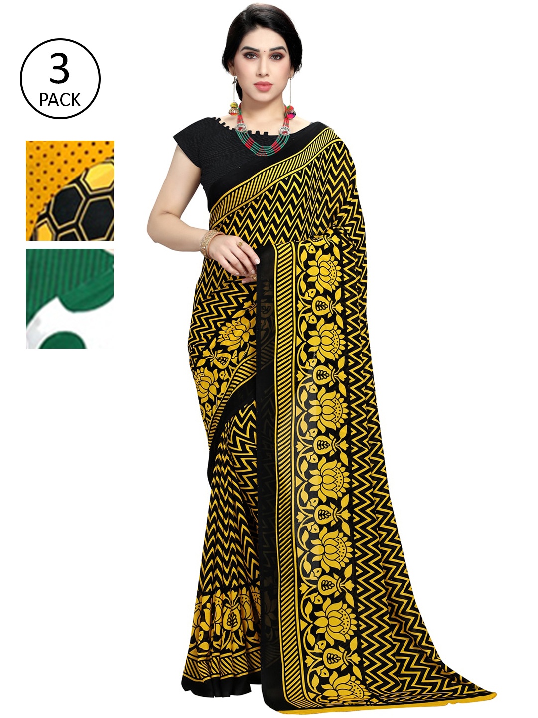 

KALINI Pack of 3 Printed Sarees, Yellow