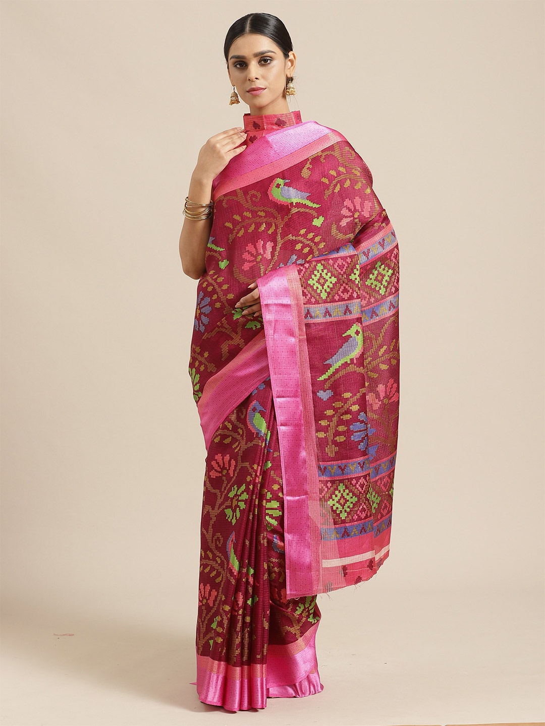 

Saree mall Burgundy & Pink Ethnic Motifs Brasso Sarees