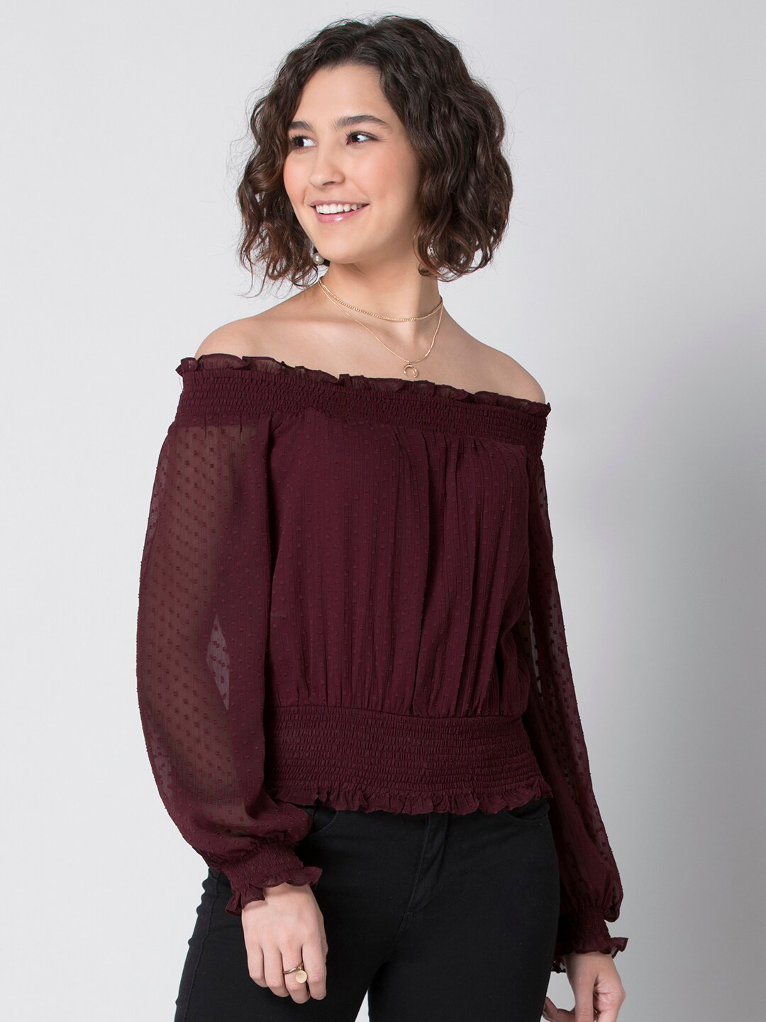

FabAlley Women Maroon Off-Shoulder Smocked Bardot Top