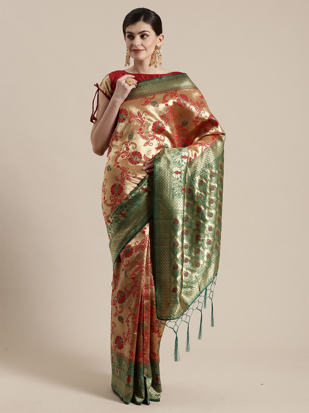 

Saree mall Red & Green Woven Design Silk Blend Sarees