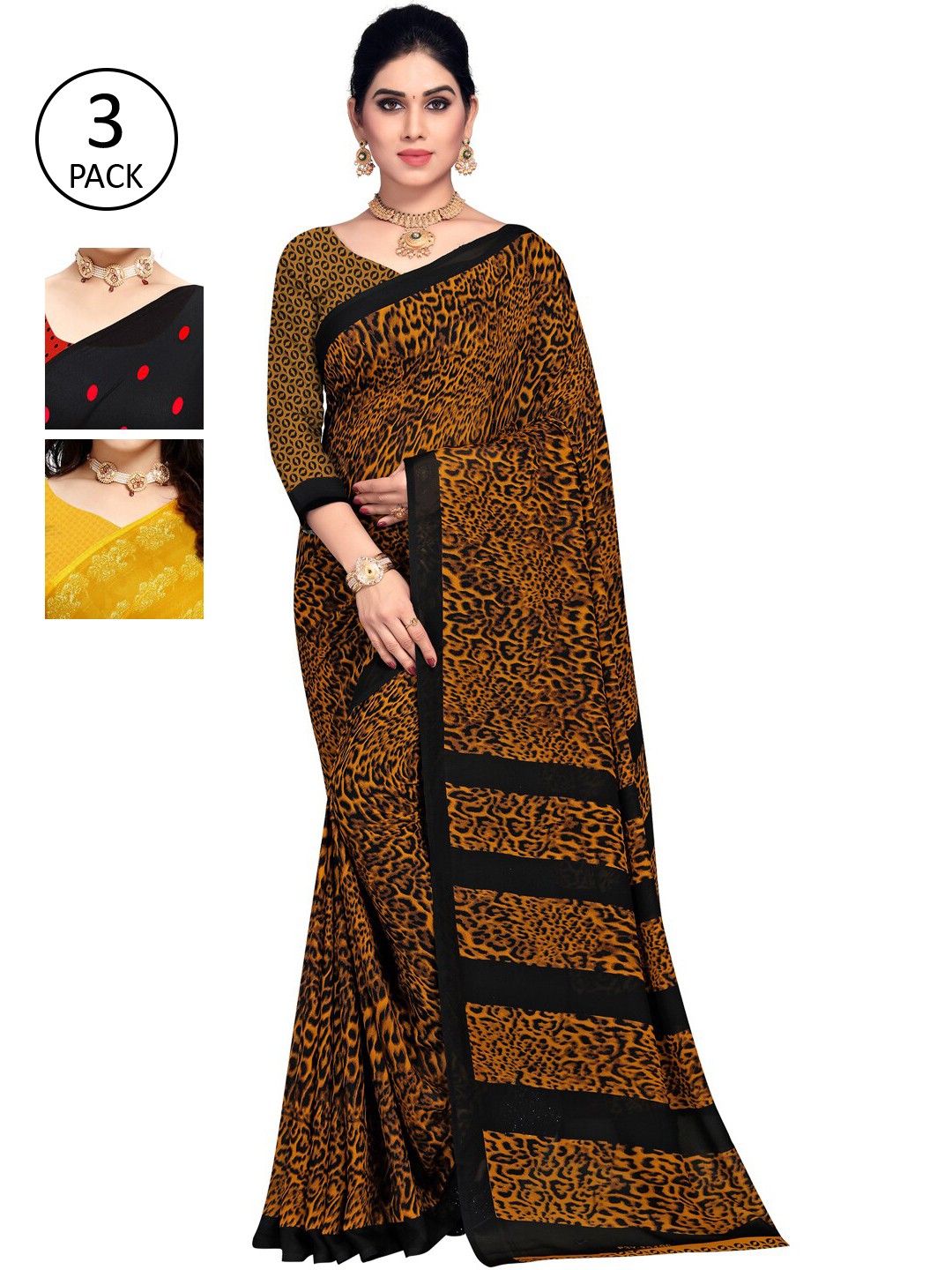

KALINI Women Pack of 3 Printed Poly Georgette Sarees, Red