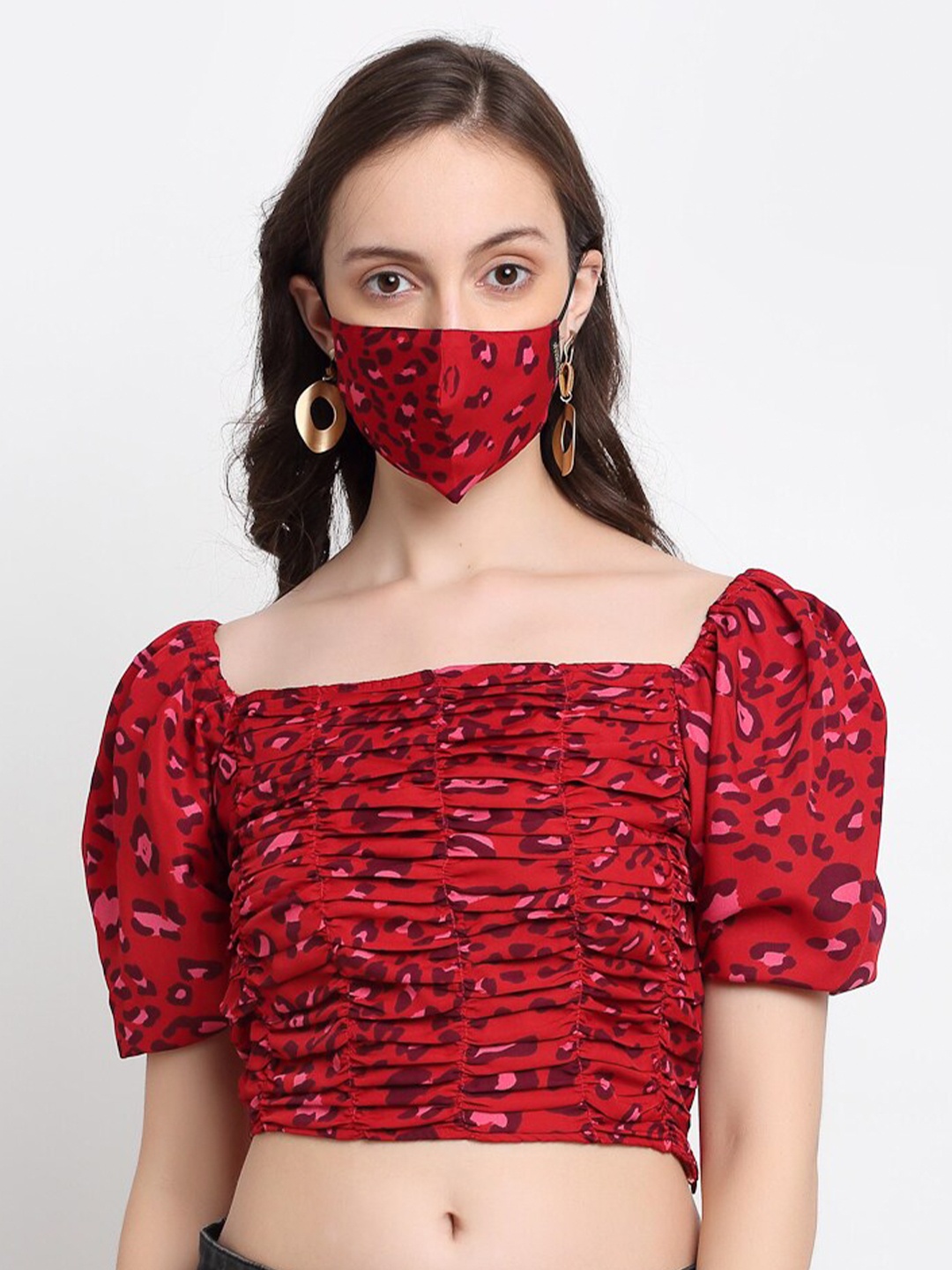 

DIVA WALK EXCLUSIVE Women Red Puff Sleeve Fitted Crop Top
