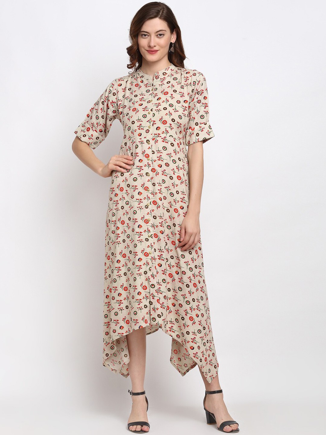 

Lovely Lady Women Cream-Coloured & Red Floral A-Line Maxi Dress