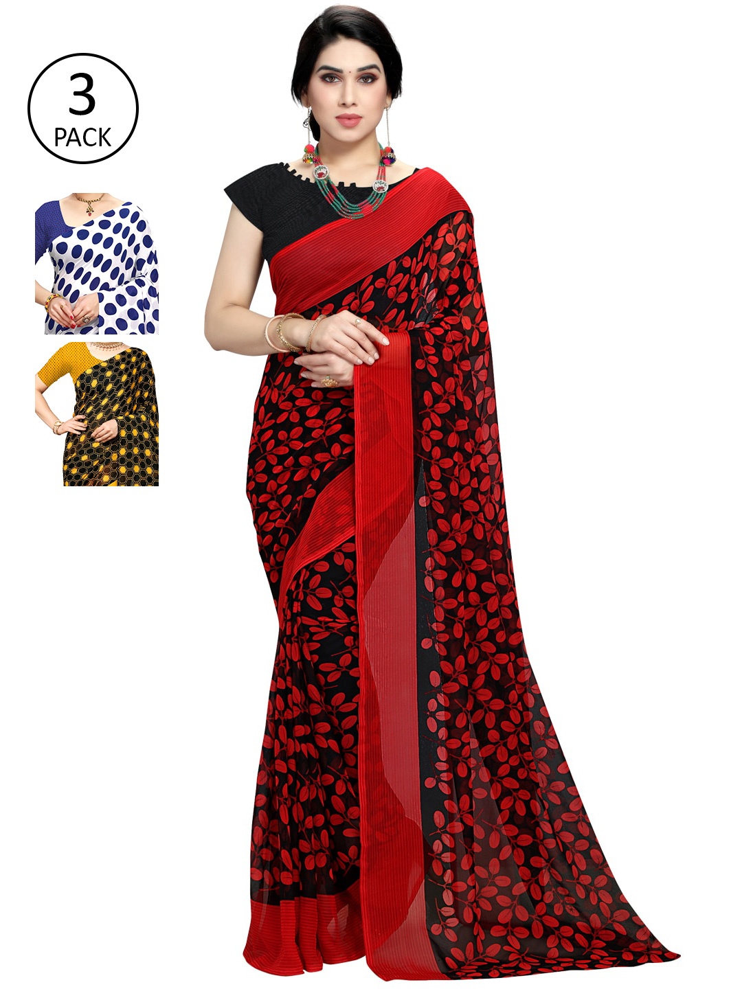 

KALINI Women Pack of 3 Printed Poly Georgette Sarees, Black