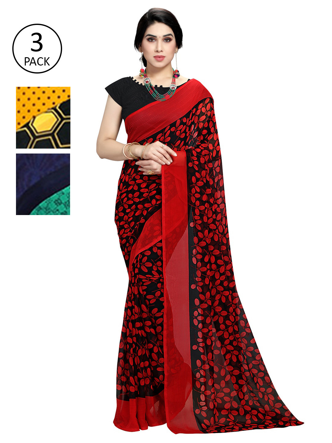 

KALINI Pack of 3 Printed Sarees, Maroon